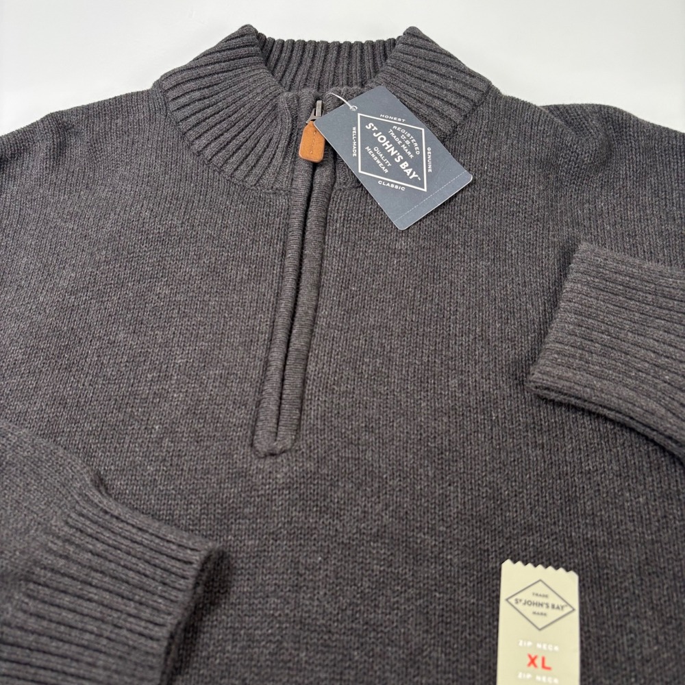 St. Johns Bay Mens XL Dark Charcoal Heather Zip Neck Sweater NEW Cotton Ribbed